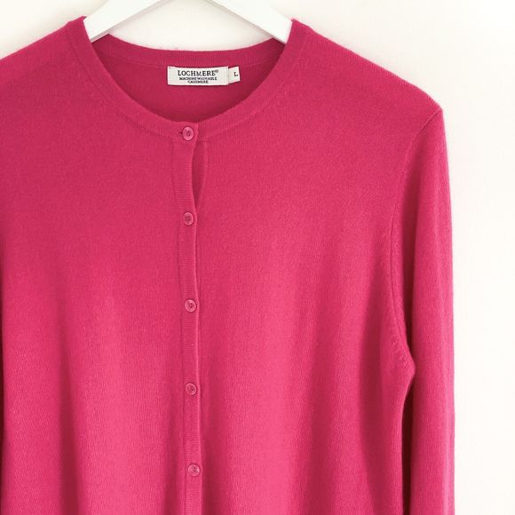 Cashmere cardigan L Lochmere EWM bright magenta pink crew neck long sleeved knit - Picture 3 of 16
